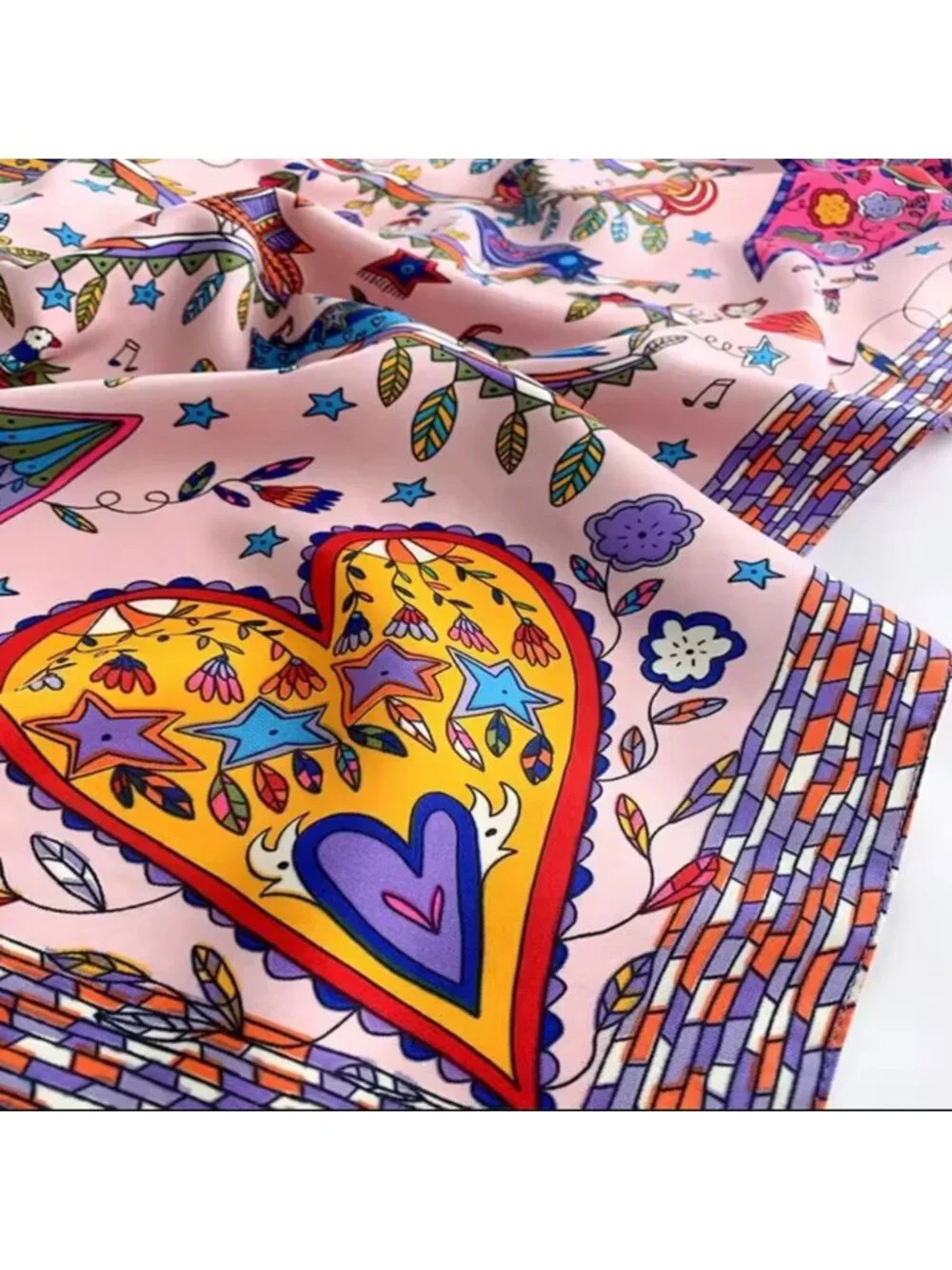 New Square Scarf Silk Satin Printed Pink Tree Birds Heart Whimsical Novelty